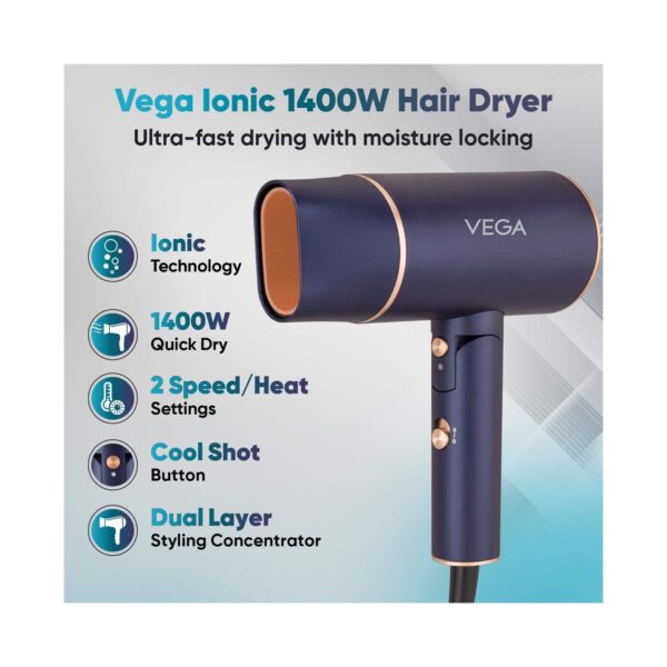 Vega Ionic 1400W Foldable Hair Dryer with 2 Heat/Speed Settings (VHDH-35) - Vega