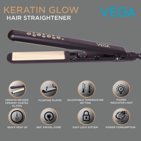 Vega Keratin Glow Hair Straightener with Keratin infused Floating Plates (VHSH-20) Black (381 g) - Vega
