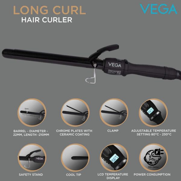 Vega Long Curl Hair Curler-22 mm with Ceramic Coated Barrel & LCD Temperature Display VHCH-04(123 g) - Vega
