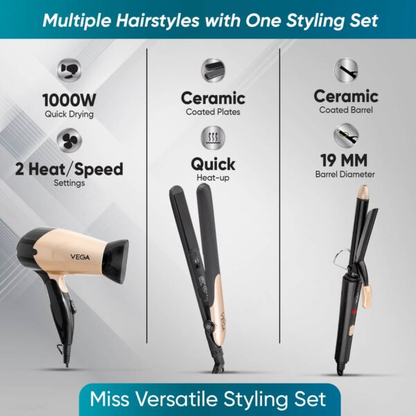 Vega Miss Versatile Styling Set Straightener Curler & Dryer Gift Combo (VHSS-03) (1141 g ) - Vega