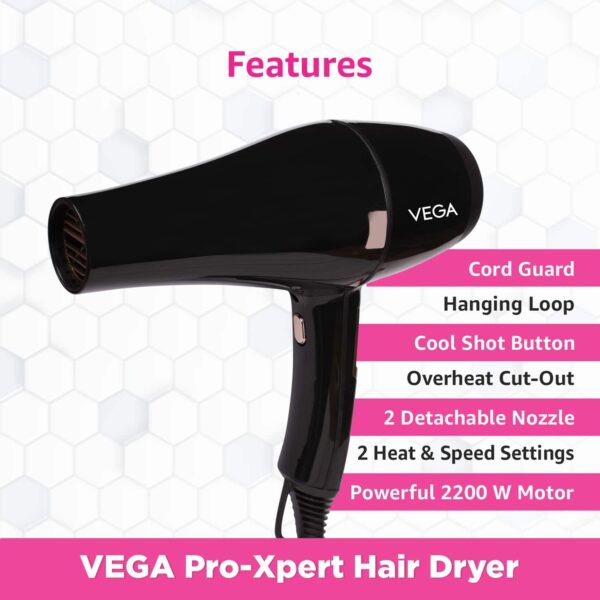Vega Pro-Xpert 2200 Watts Professional Hair Dryer with Diffuser & 2 Nozzles (VHDP-03) (549 g) - Vega
