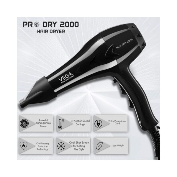 VEGA Professional Pro Dry 2000 Watts Hair Dryer with Diffuser & Nozzle Attachments (VPVHD-13) - VEGA Professional