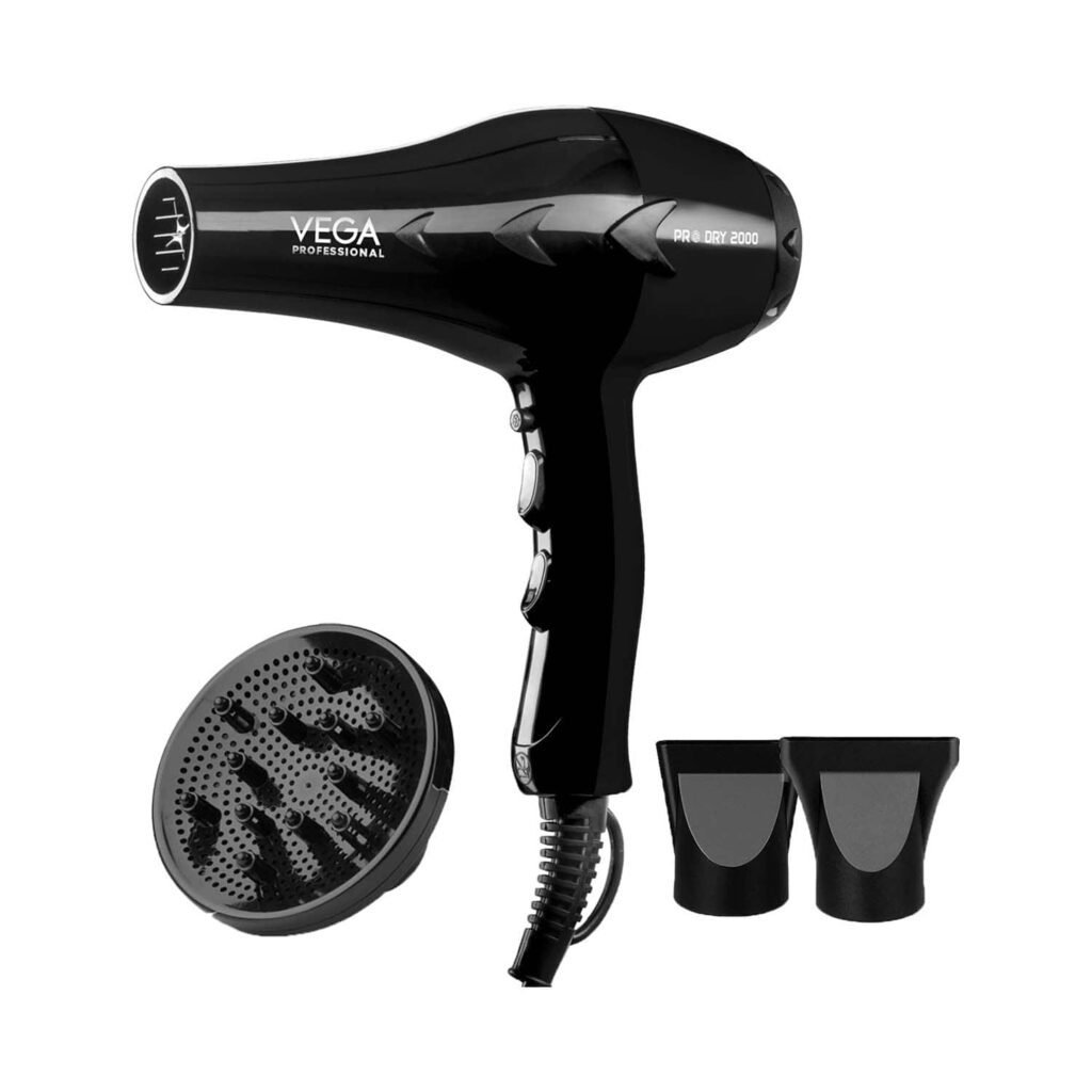 VEGA Professional Pro Dry 2000 Watts Hair Dryer with Diffuser & Nozzle Attachments (VPVHD-13) - VEGA Professional