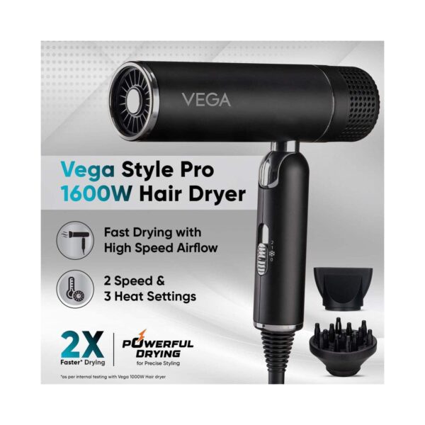 Vega Style Pro 1600W Hair Dryer With 2X Faster Drying And 2 Attachment (VHDH-34) - Vega