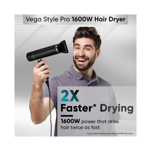 Vega Style Pro 1600W Hair Dryer With 2X Faster Drying And 2 Attachment (VHDH-34) - Vega