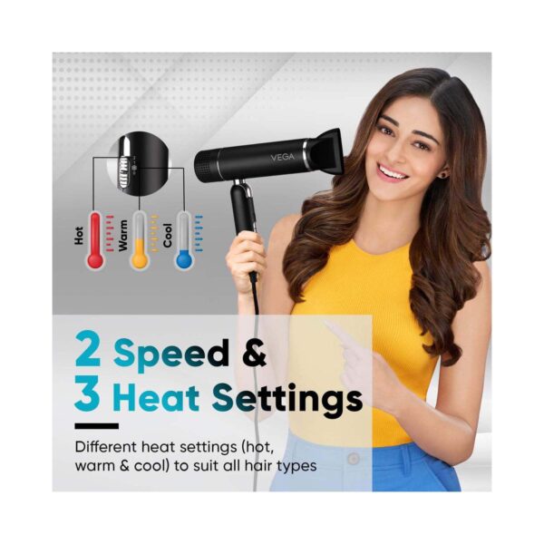 Vega Style Pro 1600W Hair Dryer With 2X Faster Drying And 2 Attachment (VHDH-34) - Vega