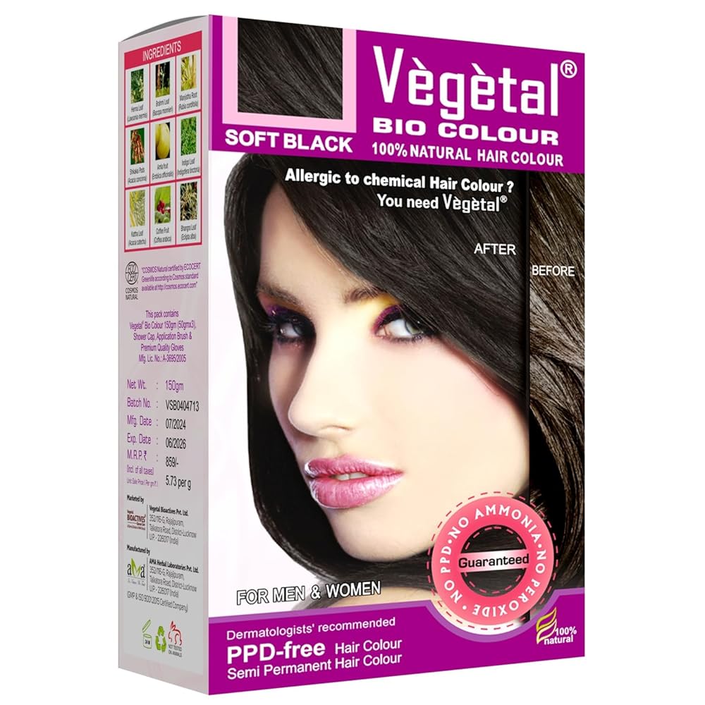 Vegetal Bio Hair Colour Soft Black | 150g | Achieve Natural, Ammonia-Free Hair Color | PPD-Free, 100% Herbal Certified Organic for Men and Women | UV Protection and Luster...