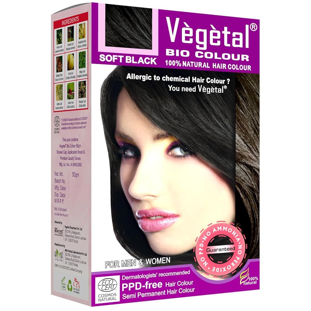 Vegetal Bio Hair Colour - Soft Black | 50g | Achieve Natural, Ammonia-Free Hair Color | PPD-Free, 100% Herbal Certified Organic for Men and Women | UV Protection and Luster...