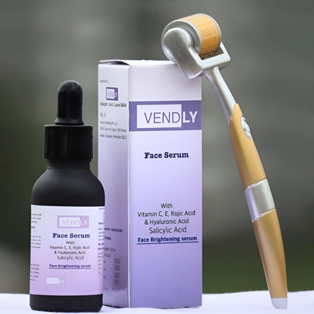 VENDLY Face Brightening Serum & Derma Roller Gold Combo – Vitamin C, E, Salicylic & Kojic Acid Serum with 0.50mm Derma Roller for Brightening & Anti-Aging