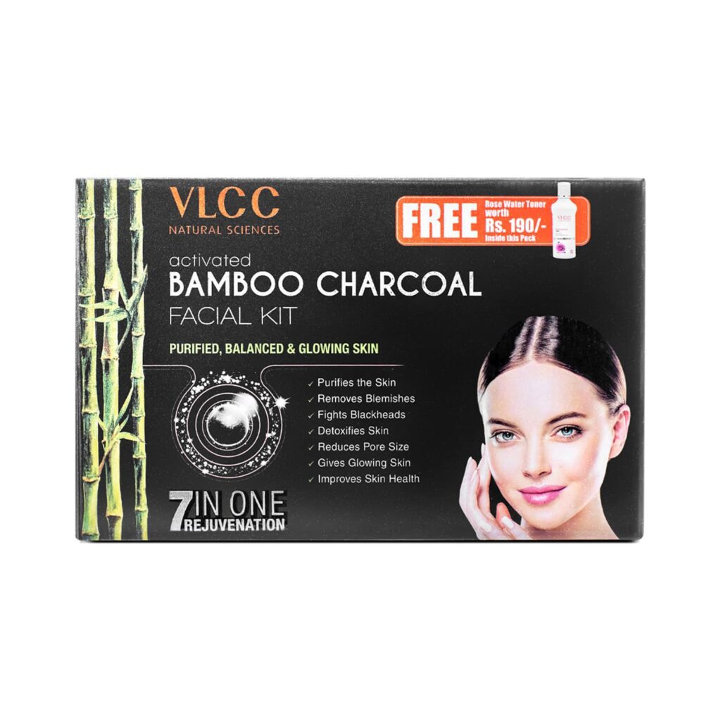 VLCC Activated Bamboo Charcoal Facial Kit With Free Rose Water Toner - (7Pcs) - VLCC