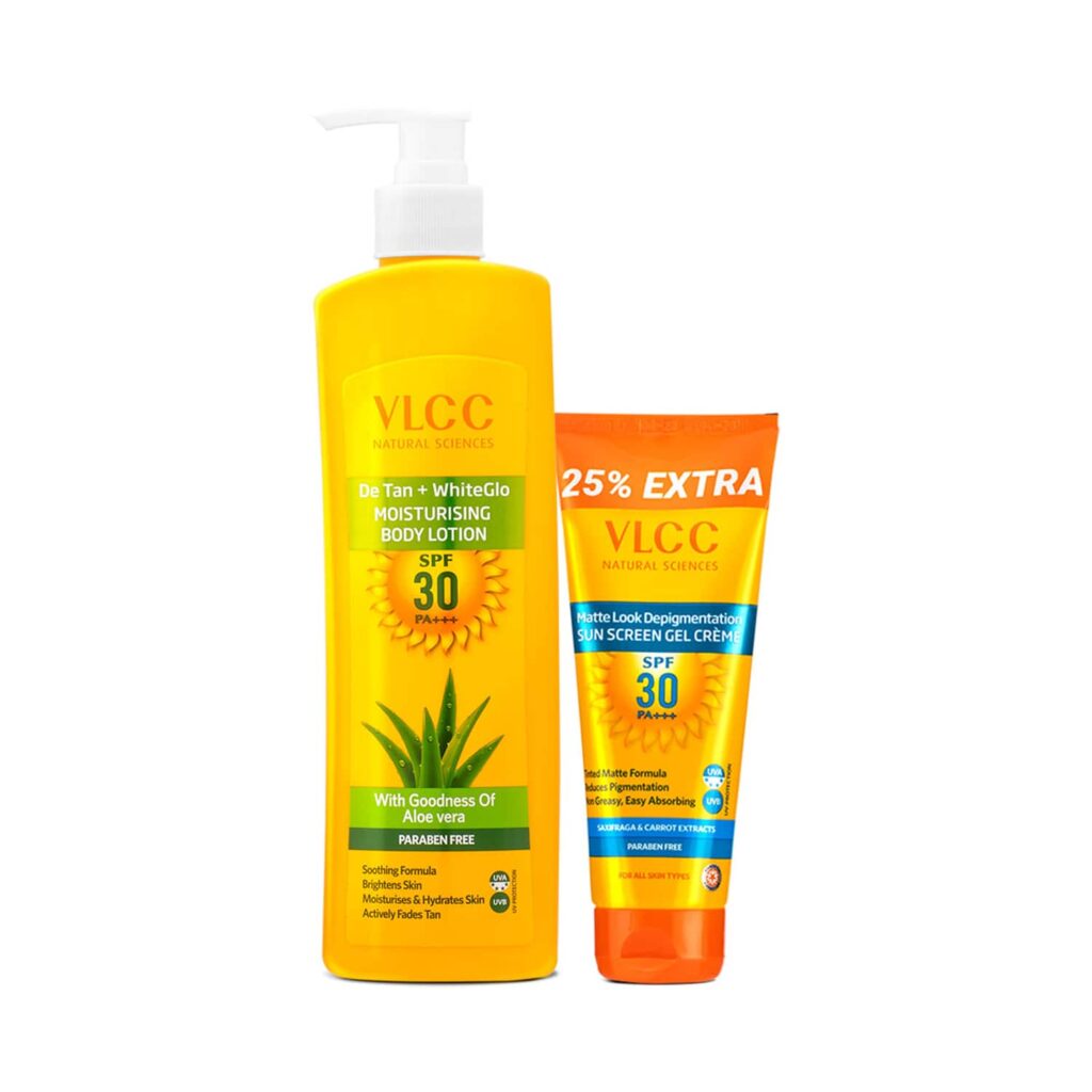 VLCC De Tan Plus White Glow Moisturising Body Lotion & Matte Look SPF 30 PA ++ Sunscreen Combo - VLCC