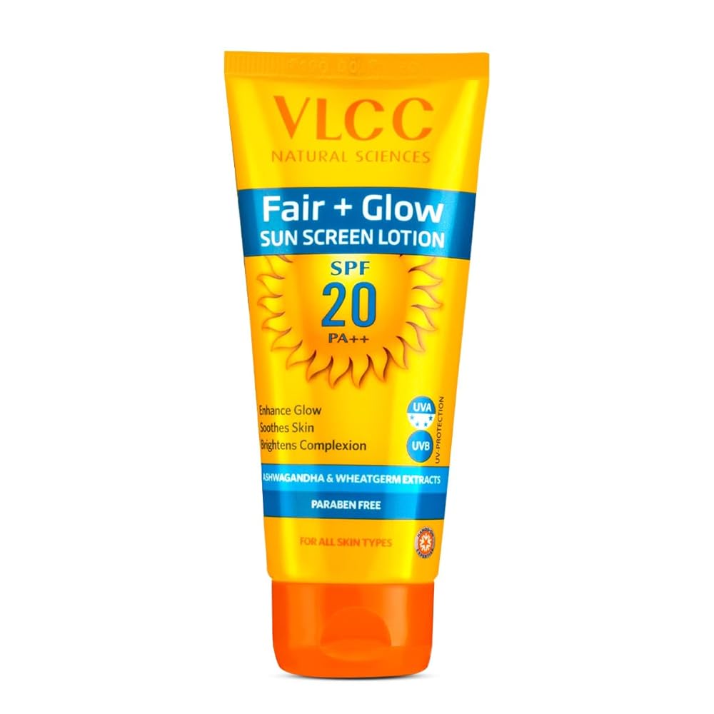 VLCC Fair + Glow Sun Screen Lotion Spf 20 PA++ - 50ml | Brightening Formula Sunscreen | Zero White Cast SPF | Non-Greasy Sunscreen | With Ashwagandha, Carrot & Wheatgerm Extracts.