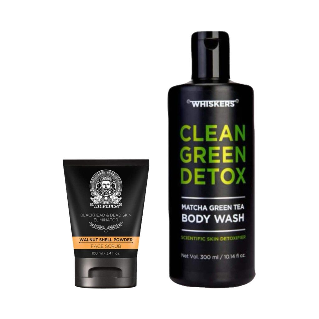 WHISKERS Matcha Green Tea Body Wash (300 ml) & Walnut Shell Powder Face Scrub For Men (100 ml) Combo - WHISKERS