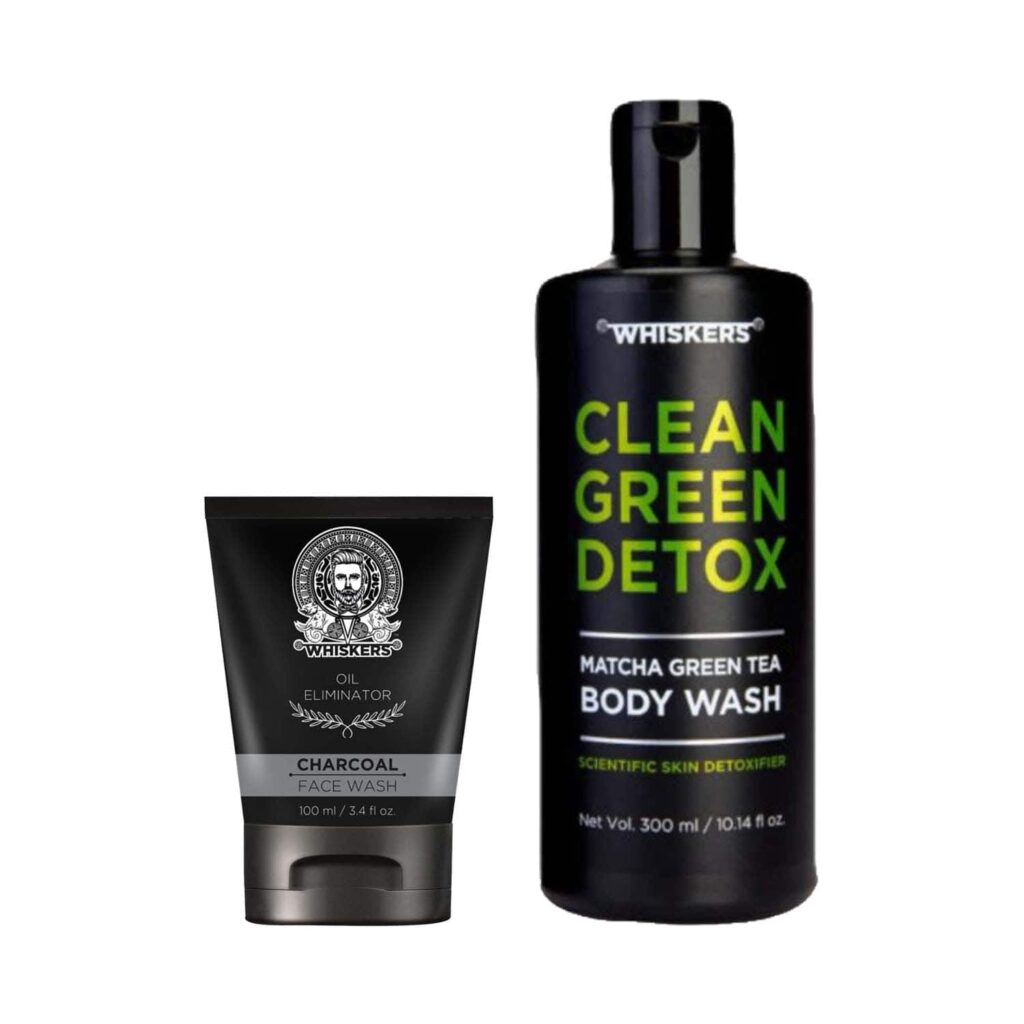 WHISKERS Matcha Green Tea Body Wash For Men (300 ml) & Charcoal Face Wash For Men (100 ml) Combo - WHISKERS