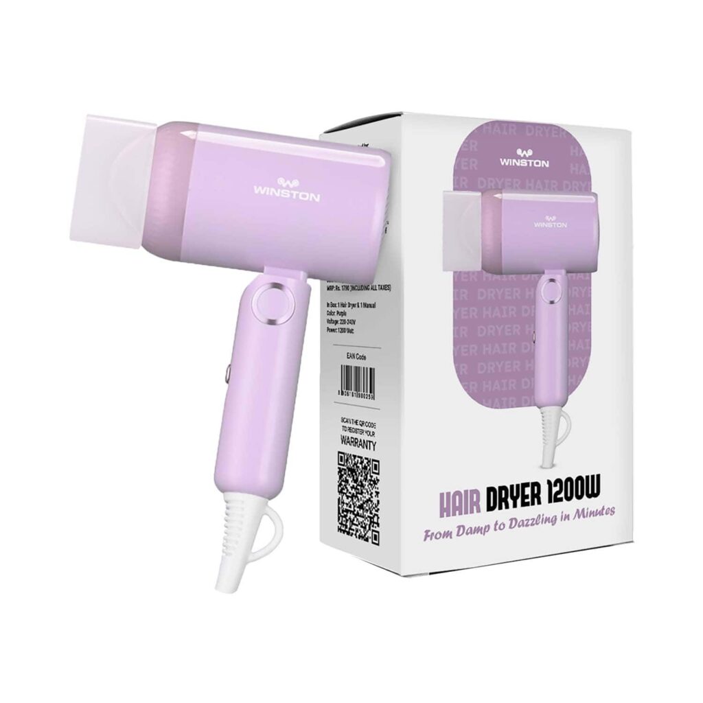WINSTON Ionic Foldable Hair Dryer with Low Noise & Overheat Protection - 1200W - WINSTON
