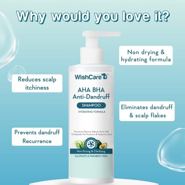 WishCare Hydrating AHA BHA Anti Dandruff Shampoo - Piroctone Olamine Salicylic Acid LHA (250 ml) - WishCare