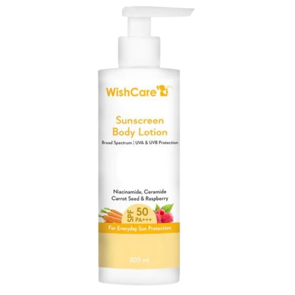 WishCare Sunscreen Body Lotion For All Skin Type with SPF 50 PA+++ - Broad Spectrum UVA & UVB Protection, No White Cast, Enriched with Carrot Seed & Raspberry - Body Sunscreen...