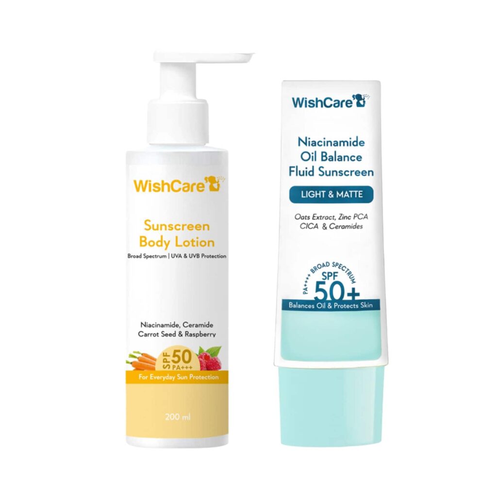 WishCare Sunscreen Body Lotion & Niacinamide Oil Balance Fluid Sunscreen SPF 50 Combo (200ml + 50ml) - WishCare