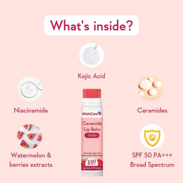 WishCare Tinted Ceramide Lip Balm with SPF 50 PA+++ Kojic Acid & Niacinamide (5g) - WishCare