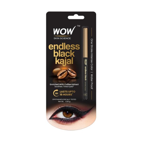 WOW Skin Science Endless Black Natural Kajal | Water Proof & Smudge Proof | Long Lasting Kajal Upto 16 long hours | No Parabens and Mineral Oils