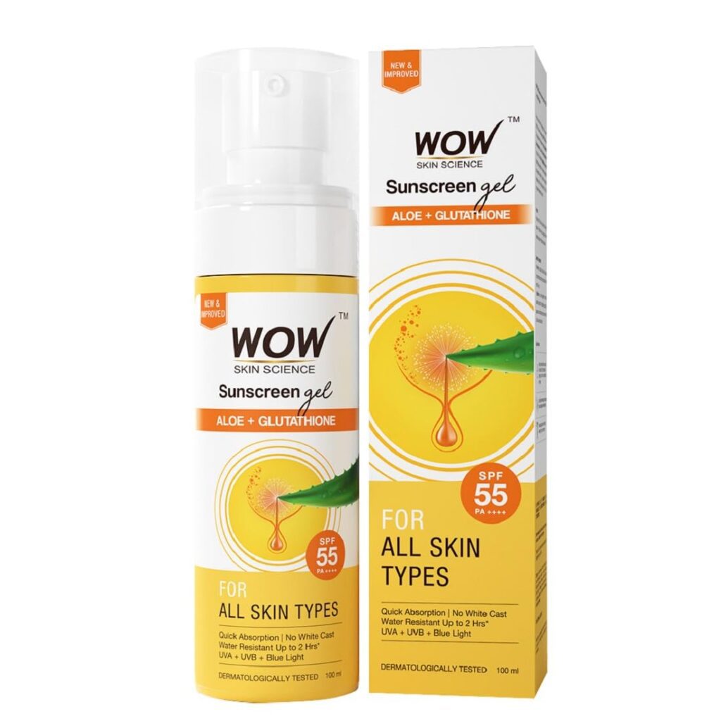 WOW Skin Science Sunscreen Gel For All Skin Types | SPF 55 PA++++ | With Glutathione & Aloe Vera Extract | Lightweight | Quick Absorbing | No White Cast | UVA & UVB Protection |...