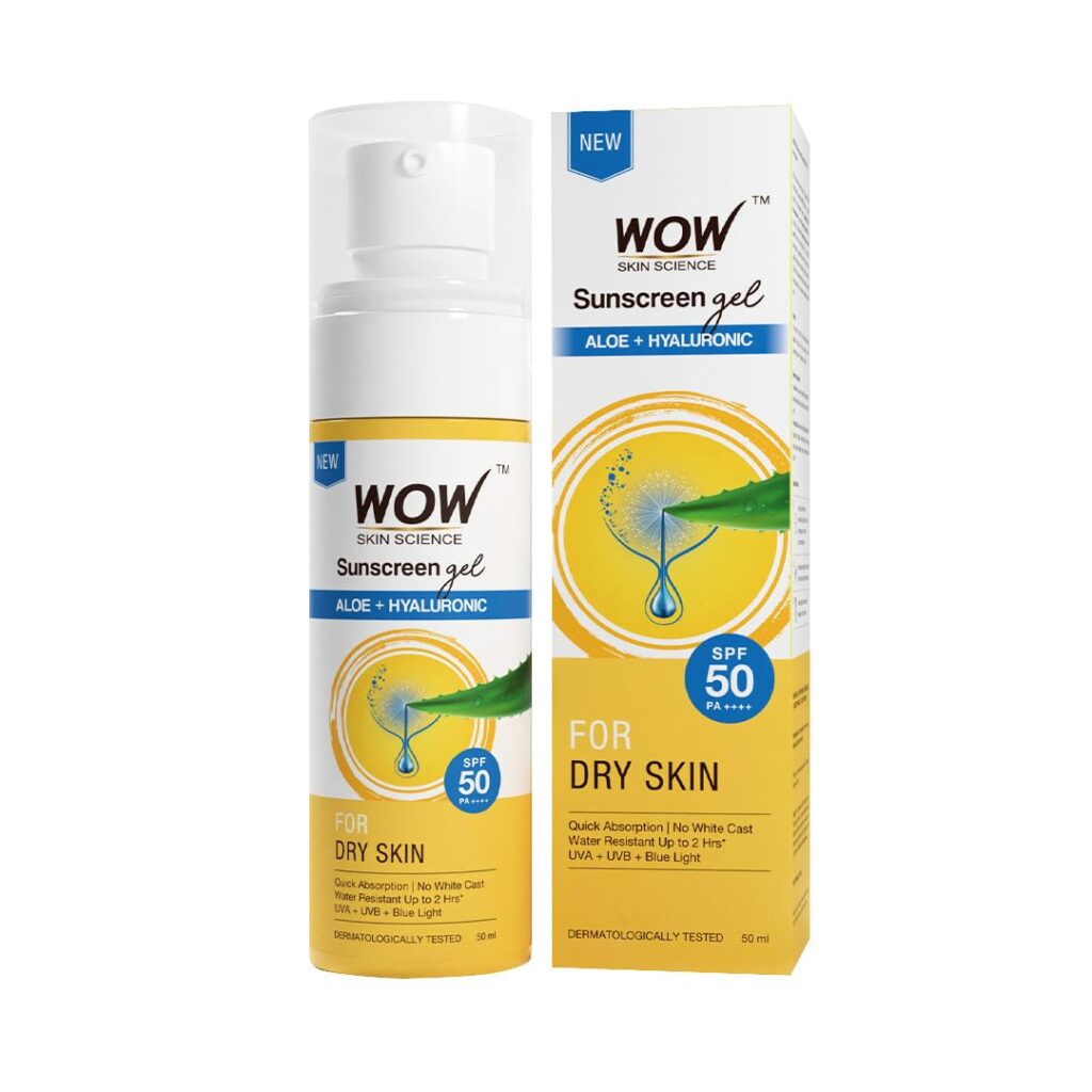 WOW Skin Science Sunscreen Gel For Dry Skin | SPF 50 PA++++ | With Aloe Vera & Hyaluronic | Hydrates Skin | Lightweight | Quick Absorbing | No White Cast | UVA & UVB Protection...