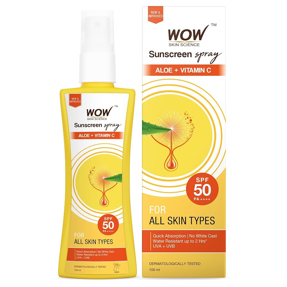 WOW Skin Science Sunscreen Spray | For All Skin Types| SPF 50 PA++++ | Brightens Skin | With Aloe Vera & Vitamin C| Lightweight | Quick Absorbing | UVA & UVB Protection | 100mL