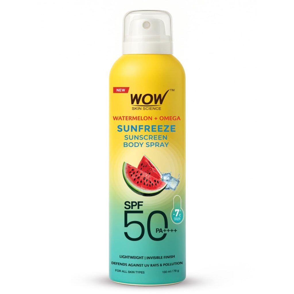 WOW Skin Science Watermelon + Omega Sunfreeze Sunscreen Spray | SPF 50 PA++++ | -7°C Cooling Effect | UV Rays + Pollution Defense | Lightweight, Non-Greasy & Invisible Finish |...