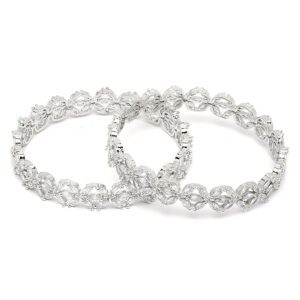 ZENEME Rhodium-Plated Silver Toned White Floral American Diamond studded Bangles Jewellery Set for Girls and Women (Set Of 2) (2.8, Silver)