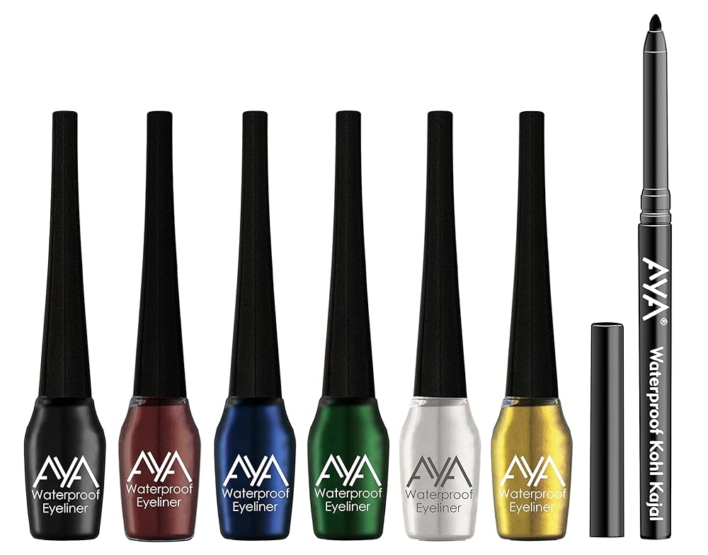 AYA Waterproof & Long Lasting Eyeliner, Set of 6 (Black, Blue, Brown, Green, Silver, Golden) + Jet Black Waterproof Kohl Kajal | Smudge Proof, Transfer Proof Eye Liner Kajal for...