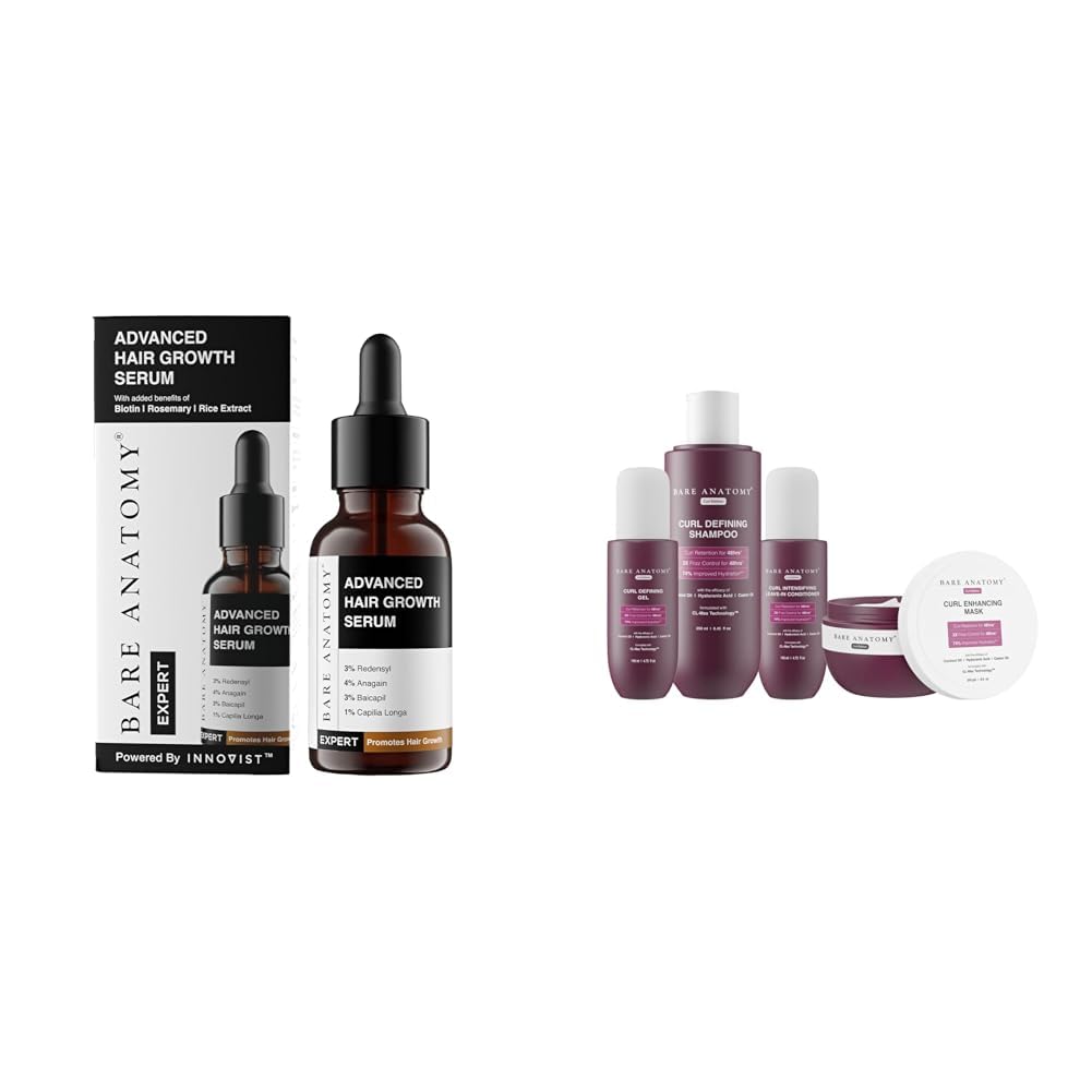 Bare Anatomy Advanced Hair Growth Serum 3% Redensyl+4% Anagain+3% Baicapil+1% Capilia Longa,for Women & Men | 30mL Curl Defining Shampoo +Hair Mask + Leave-In Conditioner + Gel...