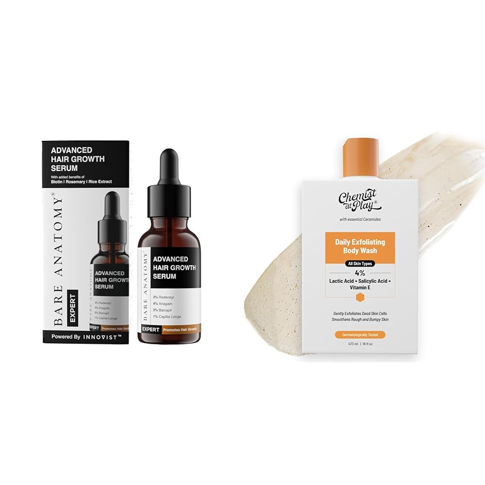 Bare Anatomy Advanced Hair Growth Serum 30ml and Chemist At Play 1% Salicylic Acid Exfoliating Body Wash 473ml