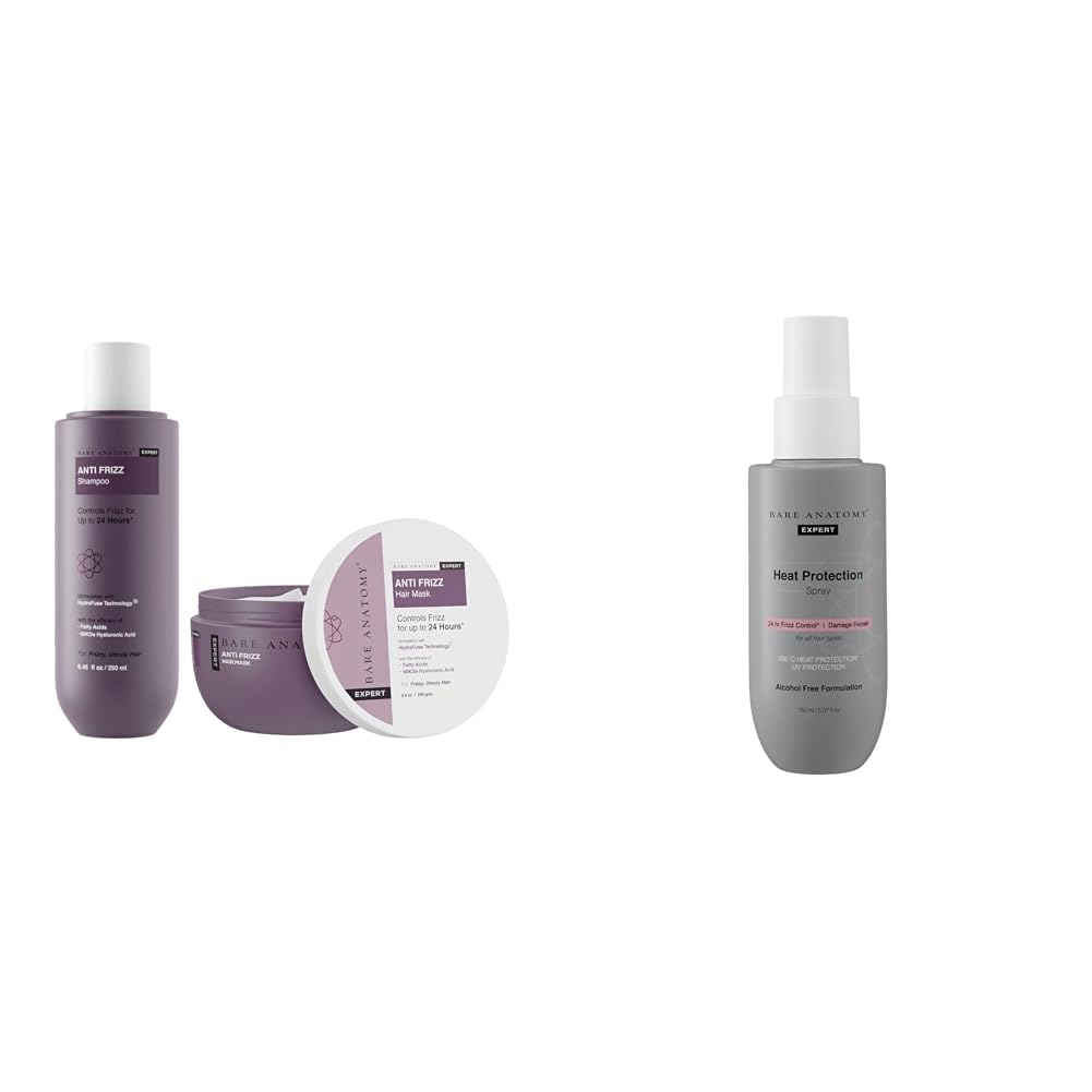 Bare Anatomy Anti Frizz Shampoo + Hair Mask Kit | Paraben & Sulphate Free |Women & Men | 250ml + 250g Heat Protection Spray Serum For Women & Men | Vegan |230 掳C Heat Protection...