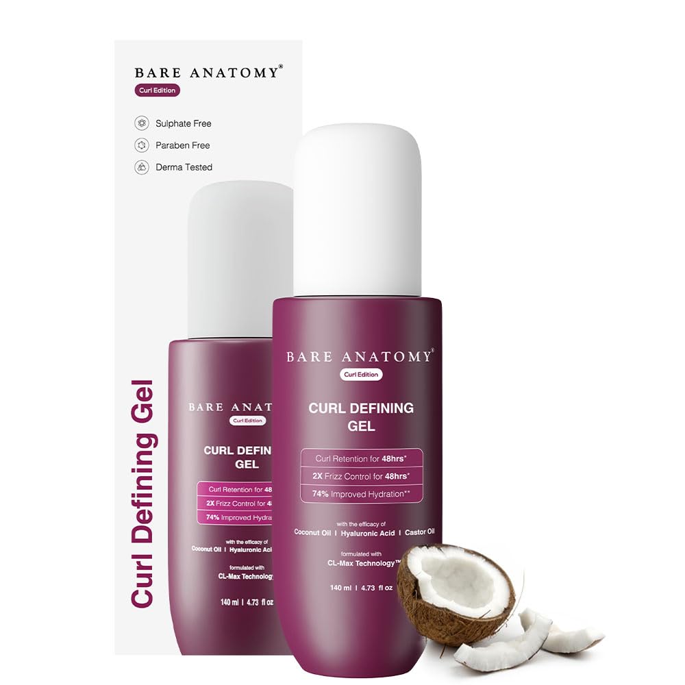 Bare Anatomy Curl Defining Gel | For Well Defined Shiny Curls | Curl Retention & 2X Frizz Protection For 48 Hours | Coconut Oil, Hyaluronic Acid & Castor Oil | Sulphate &...