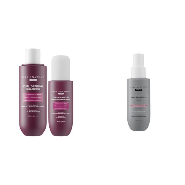 Bare Anatomy Curl Defining Shampoo + Curl Intensifying Leave In Conditioner Cream |Women & Men | 250 ml + 140ml Heat Protection Spray Serum For Women & Men | Vegan |230 掳C Heat...