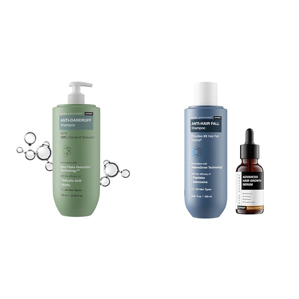 Bare Anatomy Expert Anti-Dandruff Shampoo - 750ML Anti Hair Fall Shampoo|5x Hair Fall Control & Growth 250ml 3% Redensyl + 4% Anagain + 3% Baicapil + 1% Capilia Longa 30mL