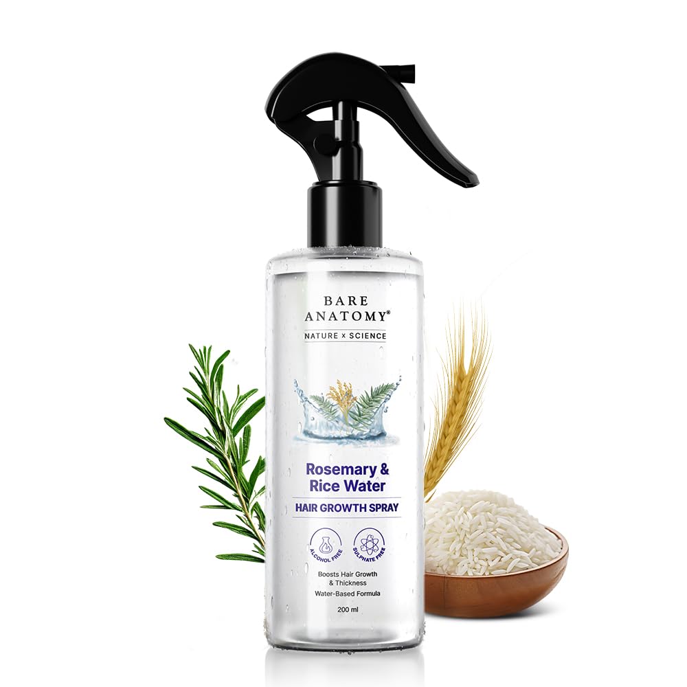 Bare Anatomy Nature x Science Rosemary Water Spray for Hair Growth & Hair Thickness with Rice Water |100% Natural Extract | Soft & Smooth Hair | Controls Hairfall & Adds Shine |...