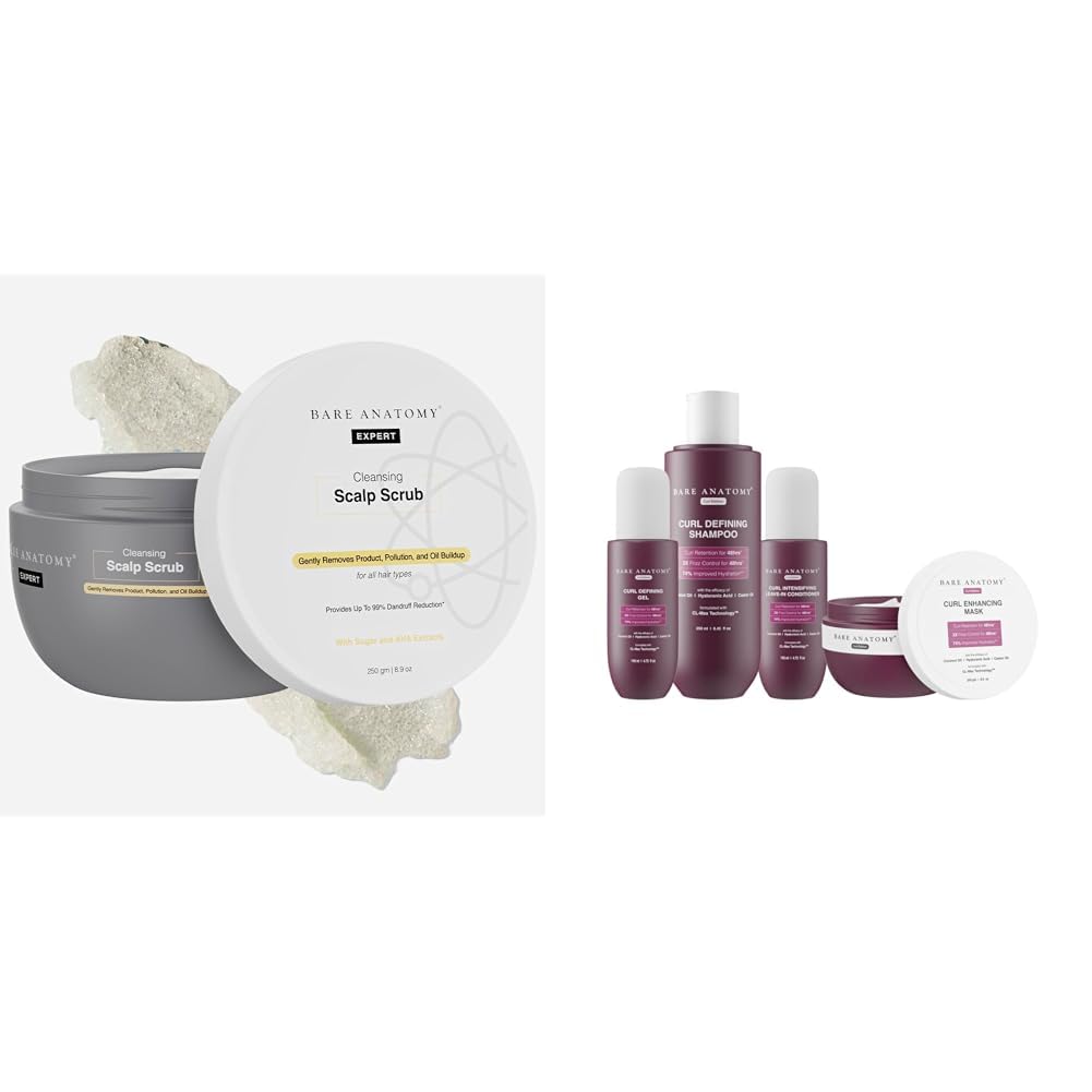 Bare Anatomy Scalp Scrub with Natural AHAs, Coconut & Sugar For Women & Men | 250g Curl Defining Shampoo + Hair Mask + Leave-In Conditioner + Gel 250ml + 250g + 140ml + 140ml