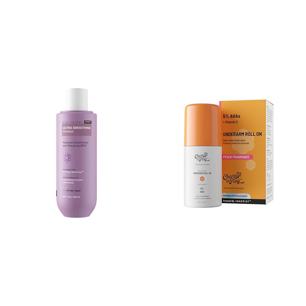 Bare Anatomy Ultra Smoothing Shampoo for Dry and Frizzy Hair | For Men & Women -250ml and Chemist at Play UnderArm Roll-On with 5% AHA, Lactic Acid & 1% Mandelic Acid - 40ml