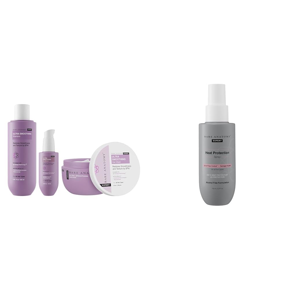 Bare Anatomy Ultra Smoothing Shampoo + Hair Mask + Serum Kit| Women & Men | 250ml + 250g + 50ml Heat Protection Spray Serum For Women & Men | Vegan |230 掳C Heat Protection 150 ml