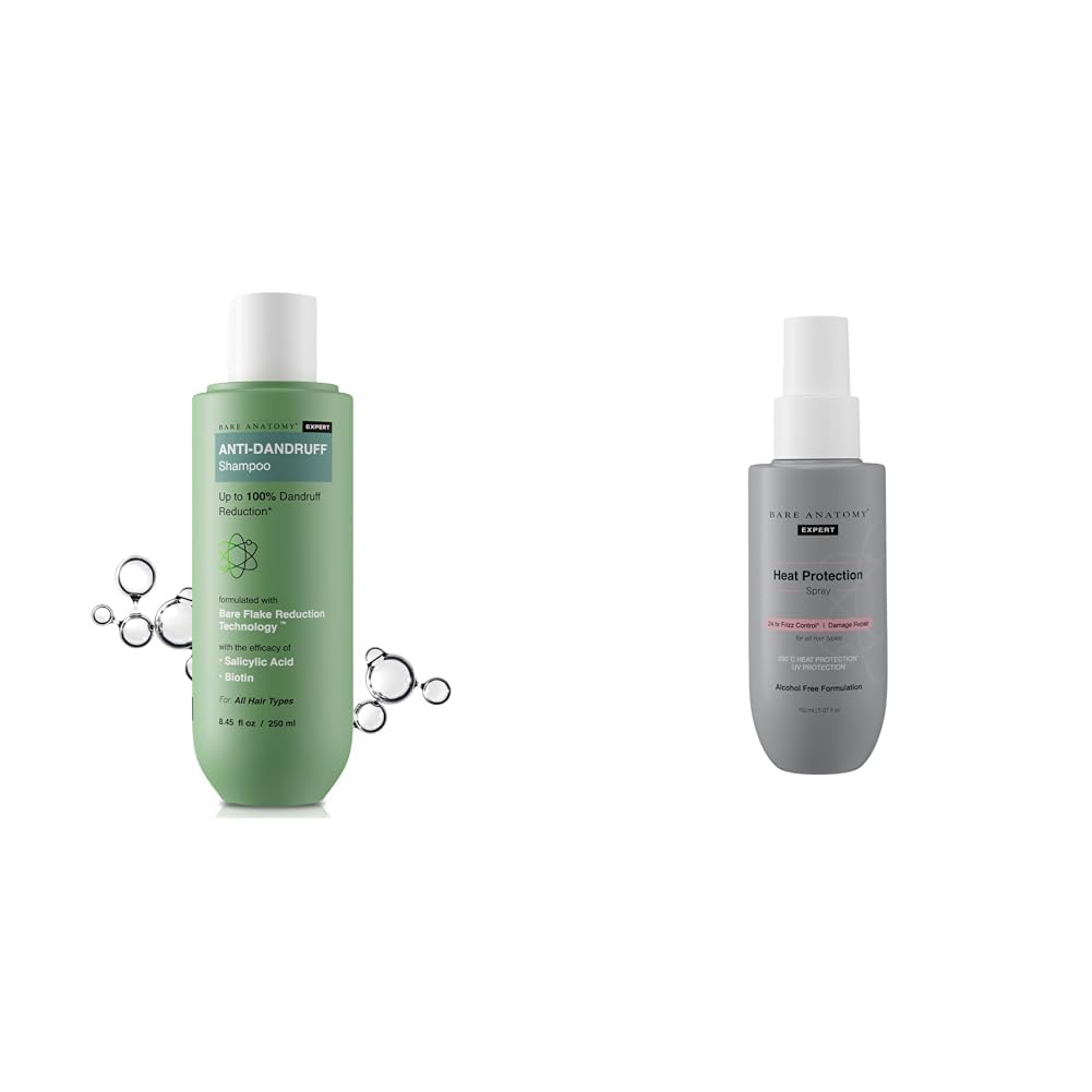 Bare AnatomyEXPERT Anti-Dandruff Shampoo | Targets Oily Scalp and Sheds Dry Flakes 250ml + Heat Protection Spray Serum| Controls Frizz for up to 24 Hrs | Vitamin E, Pea Protein...