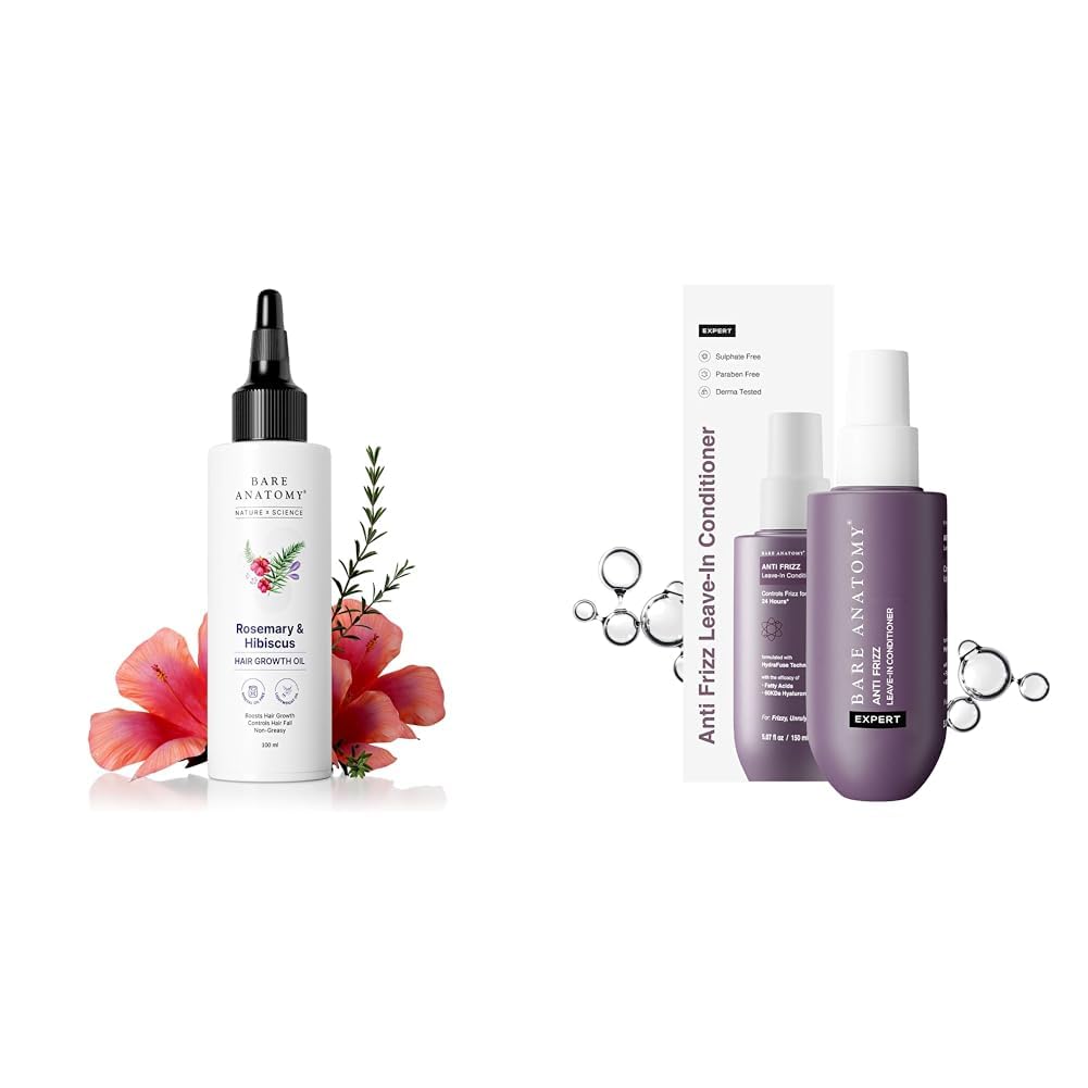 Bare AnatomyNature x Science Rosemary Hibiscus Hair Growth Oil for Women & Men | 100ml + Anti Frizz Leave In Conditioner | Deep Conditioned Frizz Controlled Hair For 24 hrs | 150ml