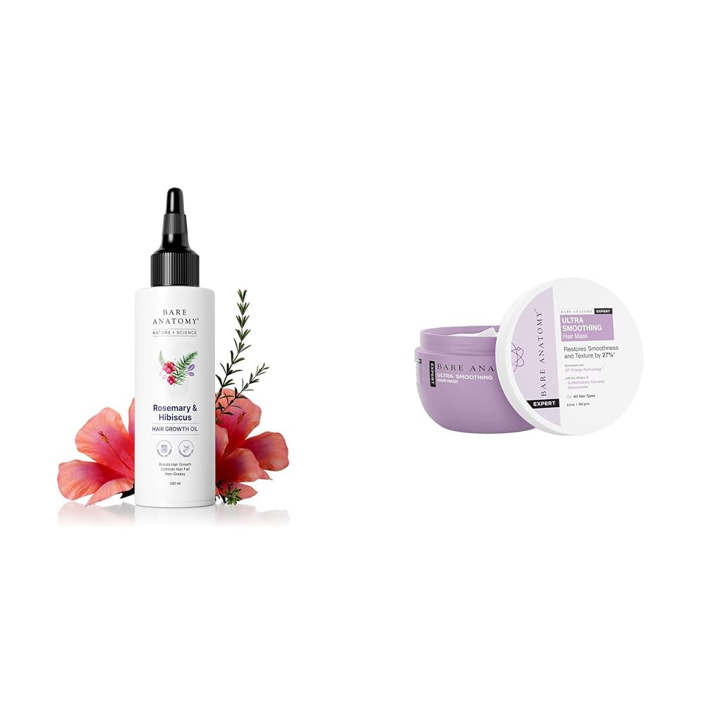 Bare AnatomyNature x Science Rosemary Hibiscus Hair Growth Oil for Women & Men | 100ml + Ultra Smoothing Hair Mask For Dry & Frizzy Hair | Restores Smoothness & Texture by 27% 250g