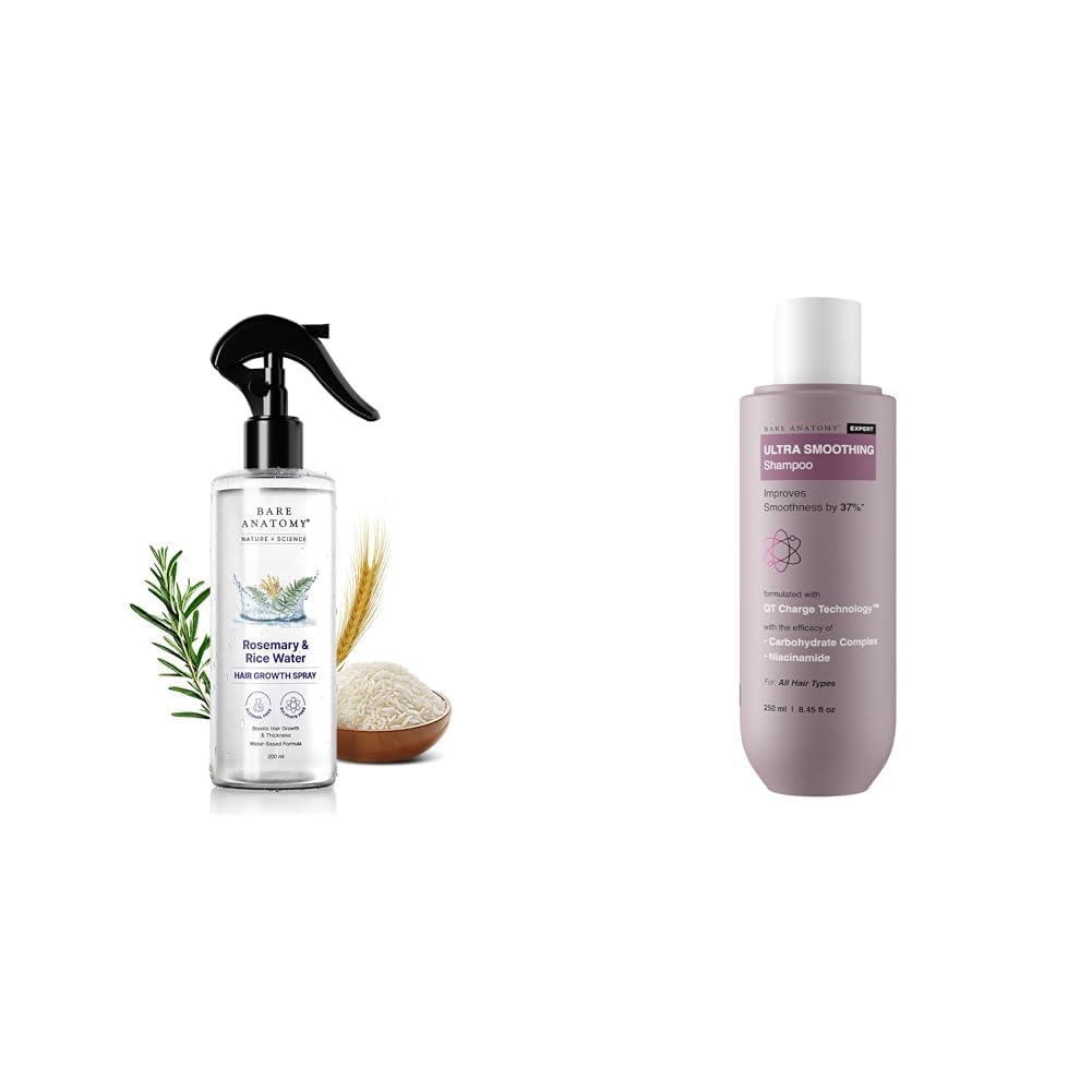 Bare AnatomyNature x Science Rosemary Water Spray for Hair Growth 250ml + Ultra Smoothing Shampoo for Dry and Frizzy Hair | Restores Smoothing & Texture by 27% 250ml