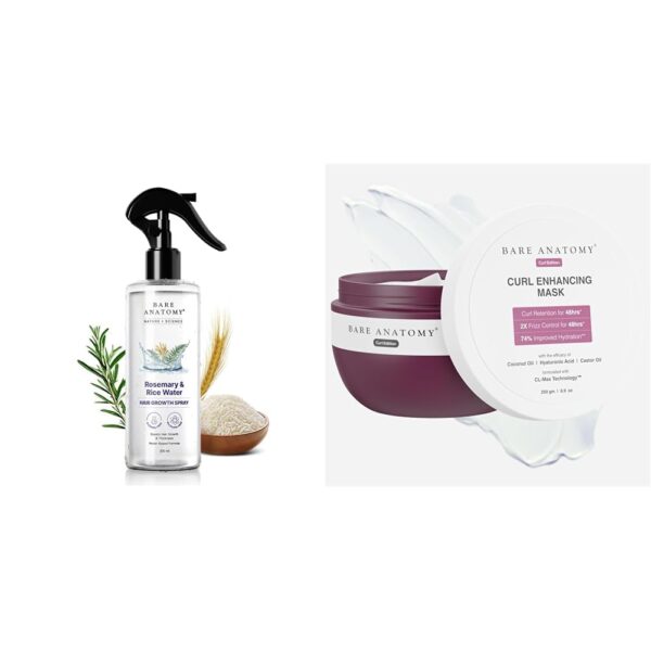 Bare AnatomyNature x Science Rosemary Water Spray for Hair Growth 250ml + Curl Enhancing Hair Mask | Smoothens & Conditions Hair with Curl Retention & 2X Frizz Protection For 48...