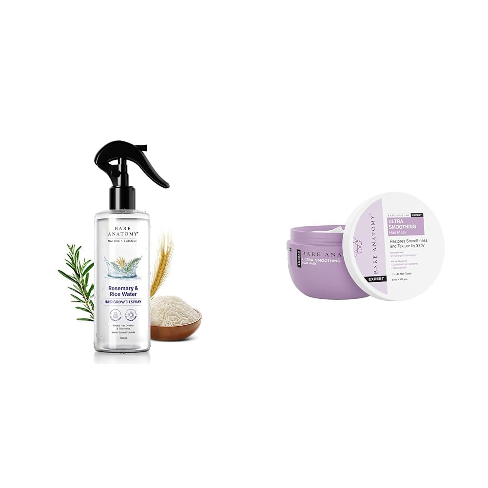Bare AnatomyNature x Science Rosemary Water Spray for Hair Growth 250ml + Ultra Smoothing Hair Mask For Dry & Frizzy Hair | Restores Smoothness & Texture by 27% 250g
