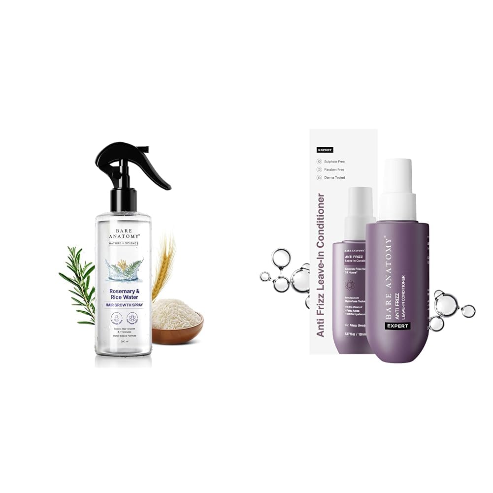 Bare AnatomyNature x Science Rosemary Water Spray for Hair Growth 250ml + Anti Frizz Leave In Conditioner | Deep Conditioned Frizz Controlled Hair For 24 hrs | For Dry & Frizzy...