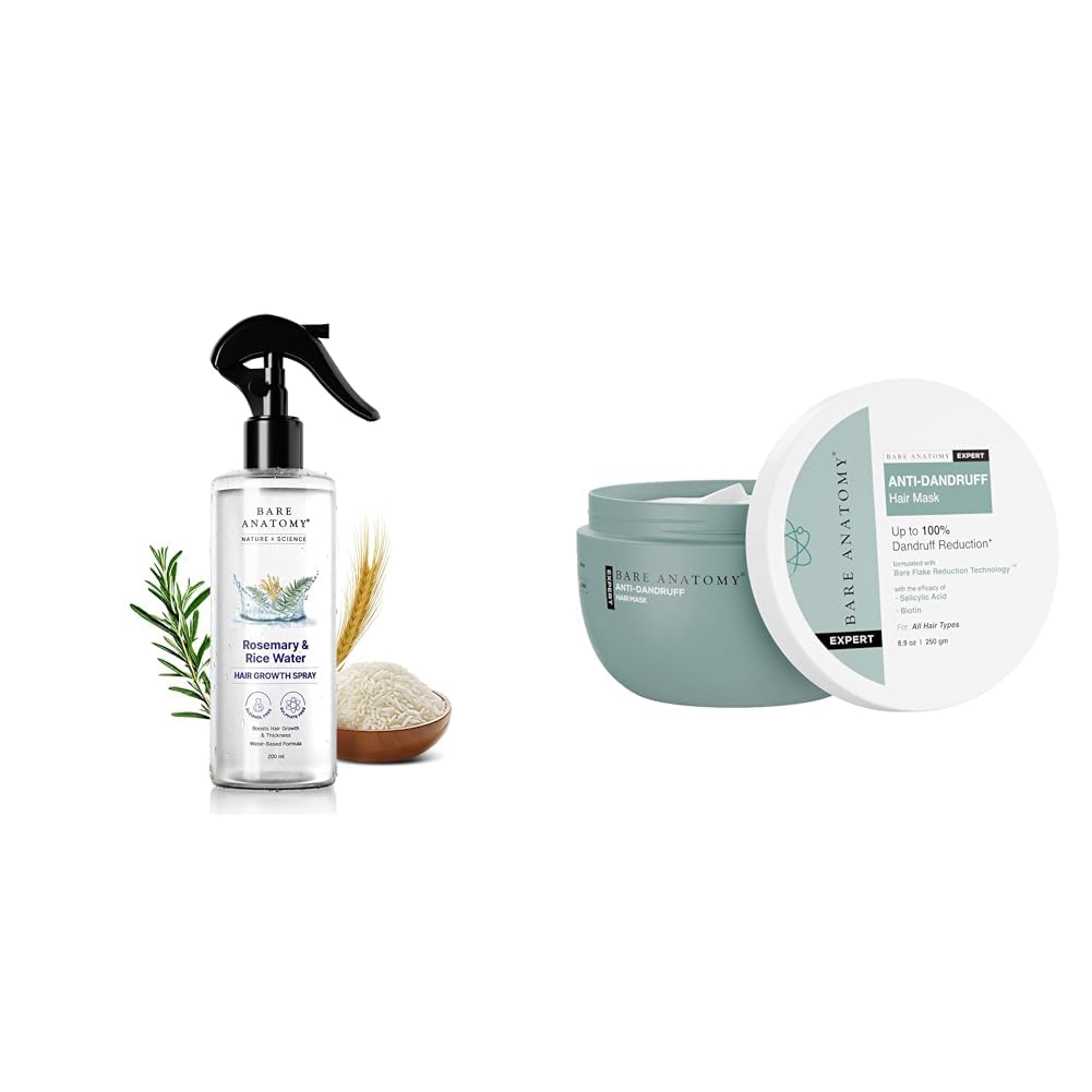 Bare AnatomyNature x Science Rosemary Water Spray for Hair Growth 250ml + Anti-Dandruff Hair Mask | Targets Oily Scalp and Sheds Dry Flakes 250g