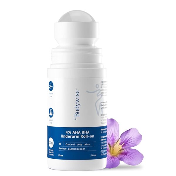 Be Bodywise 4% Aha Bha Underarm Roll On 50ml | 2% Lactic Acid, 1% Mandelic Acid, 1% Salicylic Acid | Controls Odour & Reduces Pigmentation | 0% Alcohol & 0% Aluminium | Flora...