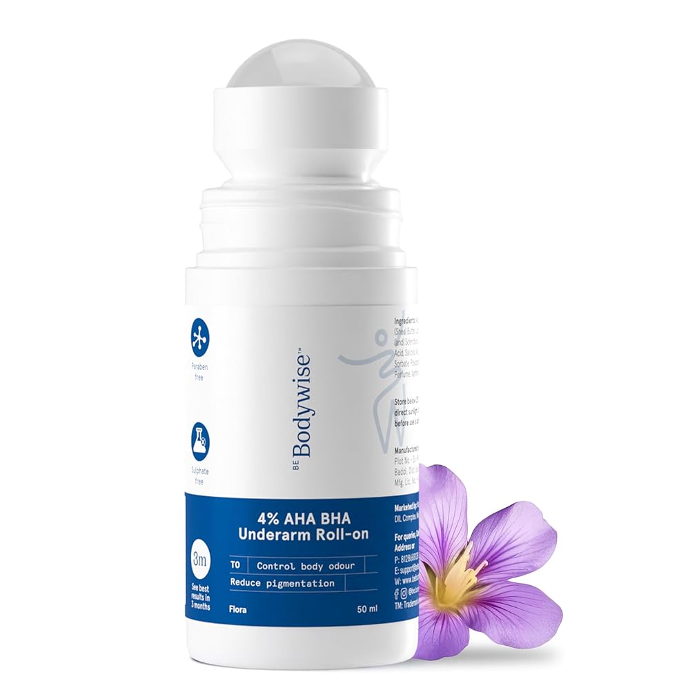 Be Bodywise 4% Aha Bha Underarm Roll On 50ml | 2% Lactic Acid, 1% Mandelic Acid, 1% Salicylic Acid | Controls Odour & Reduces Pigmentation | 0% Alcohol & 0% Aluminium | Flora...